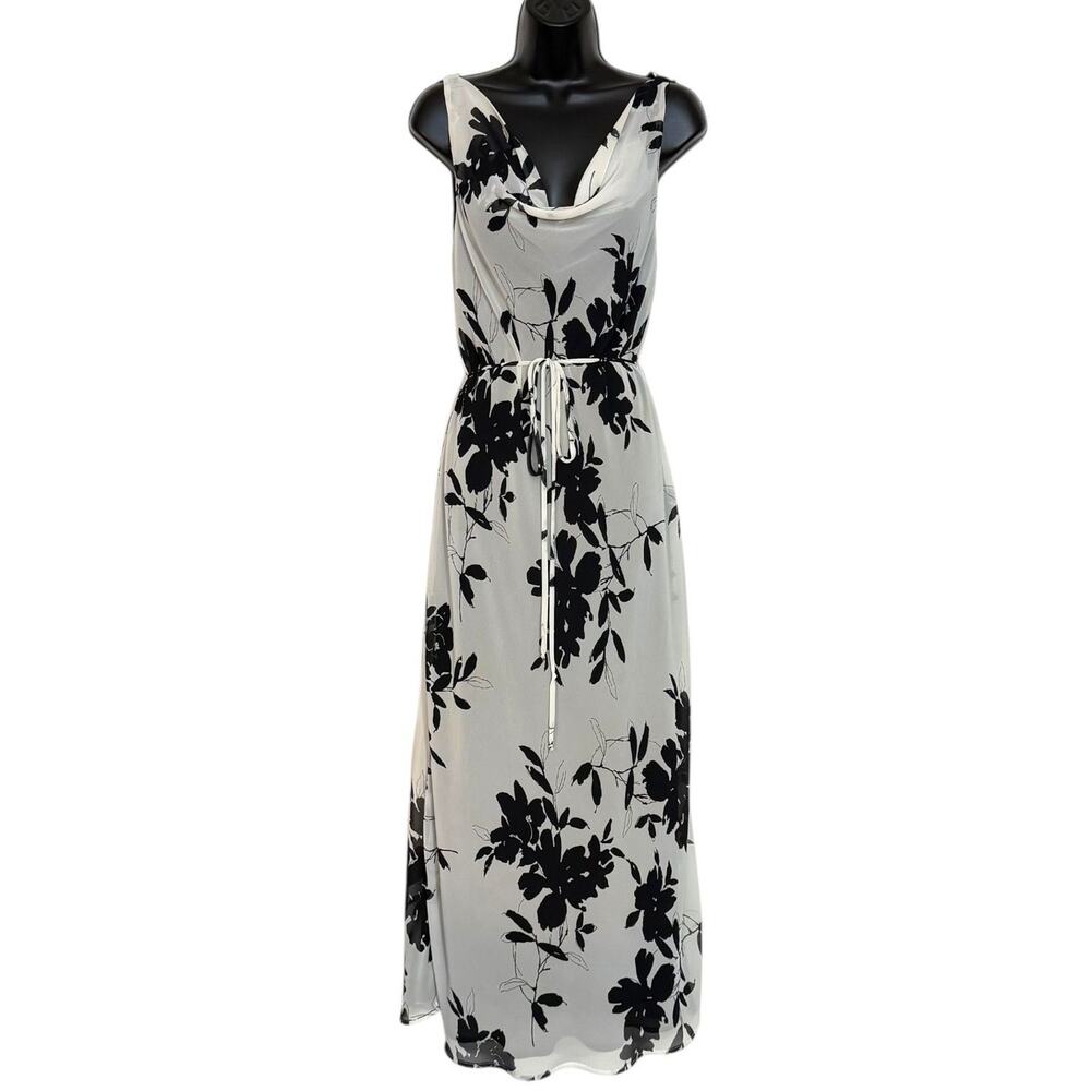 VINTAGE 90s Y2K SHEER DRAPED FRONT BLACK & WHITE FLORAL MAXI DRESS BY CDC SZ 6